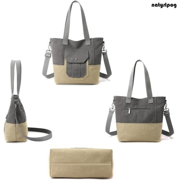 Canvas Tote Bag for Women Small Handbag with Zipper Shoulder - Picture 2 of 6